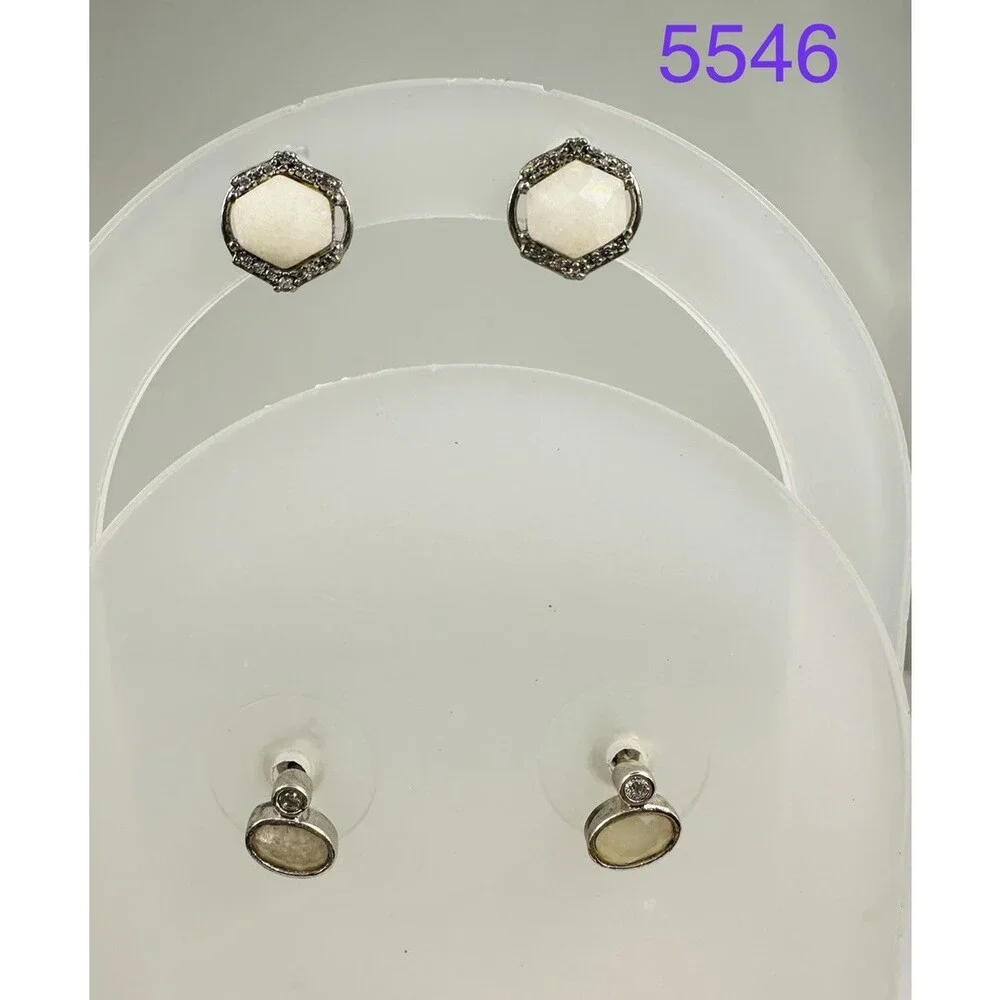 2 Pair White Stone Stud Earrings Silver Tone Rhinestone Geometric Oval Lot